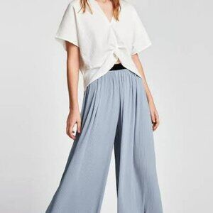ZARA Pleated Light Blue Wide Leg Pants Elastic Waist Stretchy Oversized